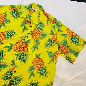 Alvish Mens Hawaiian Shirt XL Yellow Pineapple Tropical Print S/S Button